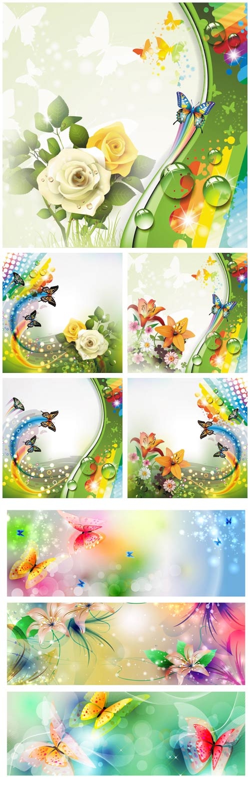 Фантастические фоны с цветами и бабочками